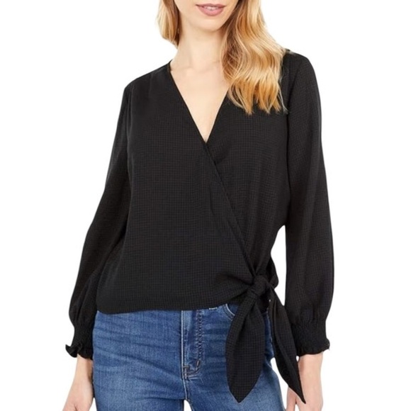 Madewell Smocked Sleeve Check Wrap Top Size M Black - Picture 2 of 5
